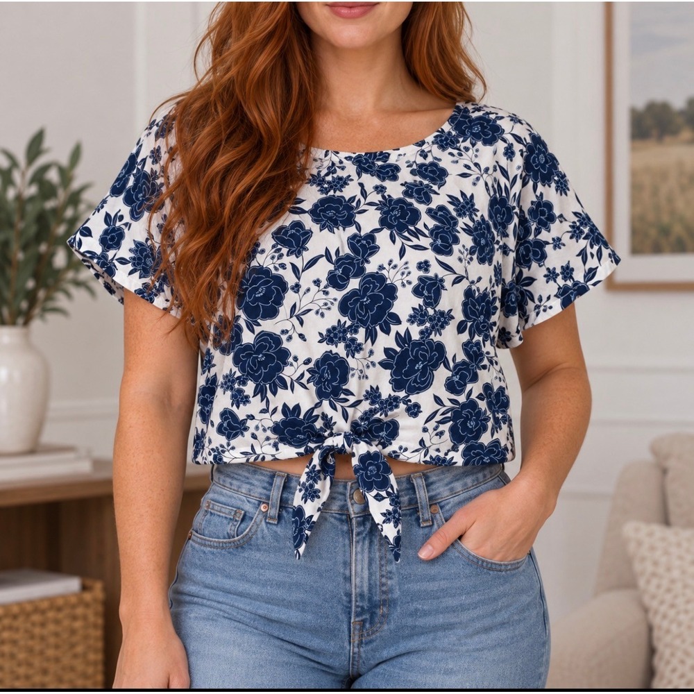 Talbots Floral Tie Front Top Size M Blue White Good Cotton Short Sleeve Blouse